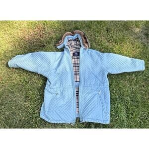 Vtg Authentic Burberry Quilted Coat Plaid Wool Lining & Fur Hood Trim Sz Large